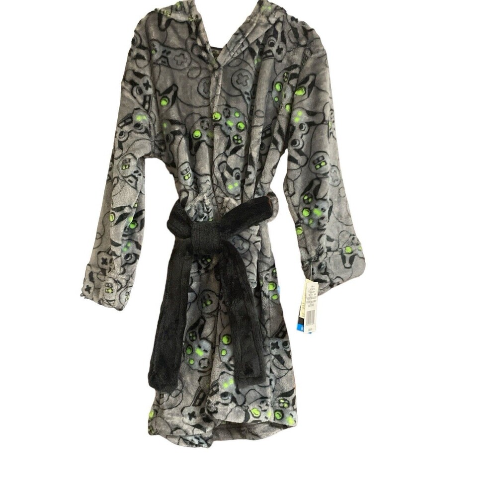 New Boy's Soft Cuddl Duds Gamer Remote Fleece Robe Gray Green Sz S(4/6) Pockets